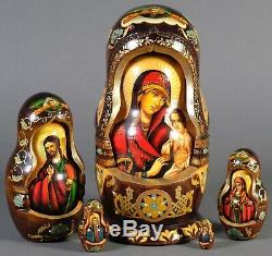 Russian Matryoshka 10 Nesting Dolls Religious Icons Wood Cathedral Cutout Design