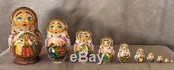 Russian Matryoshka 10 Wooden Nesting Dolls hand painted signed 1995 fairy tale