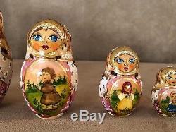 Russian Matryoshka 10 Wooden Nesting Dolls hand painted signed 1995 fairy tale