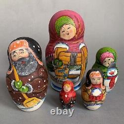 Russian Matryoshka 5 Nesting Dolls Signed Hand Painted Winter Snowman Wood Matte