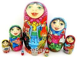 Russian Matryoshka 7 MATT BIG nesting dolls Black Cat & Rooster signed OBICHOVA