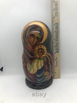 Russian Matryoshka 7 Piece Set Signed 9 in tall Holy Mother Madonna Religious