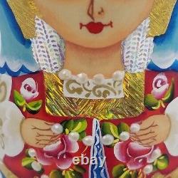 Russian Matryoshka Babushka Nesting Dolls Signed 5 Piece Shiny Gold Silver Pearl
