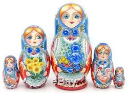 Russian Matryoshka MATT nesting doll 5 FAMILY & Samovar Tea Dinner NINA signed