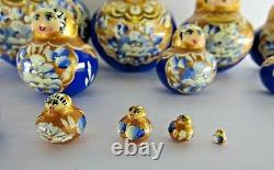 Russian Matryoshka Nesting Doll 4 15 Pc, Gold and Blue Round Set Signed