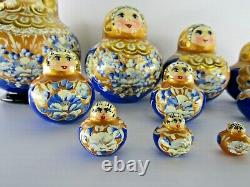 Russian Matryoshka Nesting Doll 4 15 Pc, Gold and Blue Round Set Signed