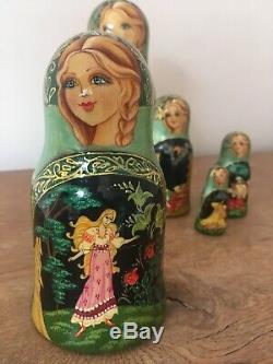 Russian Matryoshka Nesting Doll 5 piece Fairy tale signed gold details