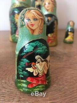Russian Matryoshka Nesting Doll 5 piece Fairy tale signed gold details