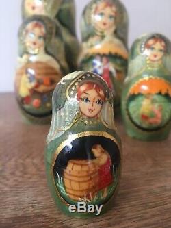Russian Matryoshka Nesting Doll 7 piece Fairy tale signed gold details