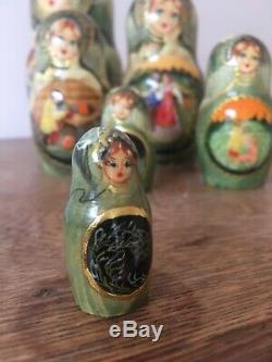 Russian Matryoshka Nesting Doll 7 piece Fairy tale signed gold details