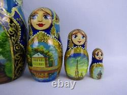 Russian Matryoshka Nesting Doll 8.5 7 Pc, Moscow Monuments Blue Set 974