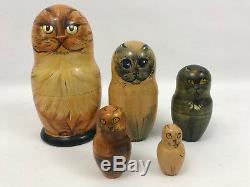 Russian Matryoshka Nesting Doll CAT Set of 5 Hand Painted And Signed by Artist