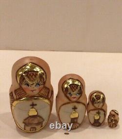 Russian Matryoshka Nesting Doll Churches Wood Burned Gold Handmade New 10 Pcs