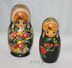 Russian Matryoshka Nesting Doll Hand Painted 2 Piece Signed Wood Black Floral