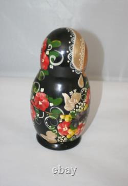 Russian Matryoshka Nesting Doll Hand Painted 2 Piece Signed Wood Black Floral