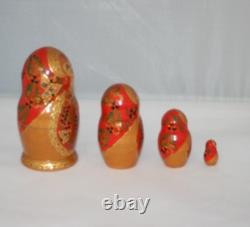 Russian Matryoshka Nesting Doll Hand Painted 4 Piece Signed Red Gold Leaf Wood