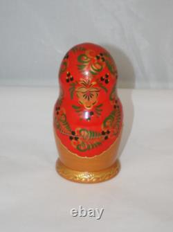 Russian Matryoshka Nesting Doll Hand Painted 4 Piece Signed Red Gold Leaf Wood