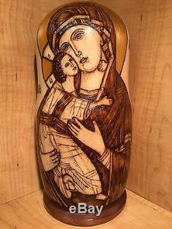 Russian Matryoshka Nesting Doll Madonna Saint Icon Wood Burned Handmade New 10