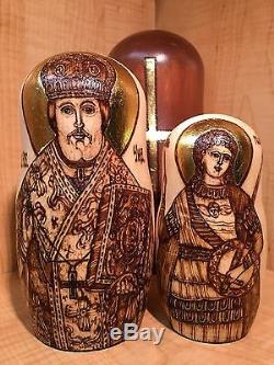 Russian Matryoshka Nesting Doll Madonna Saint Icon Wood Burned Handmade New 10