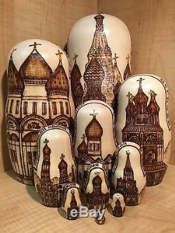 Russian Matryoshka Nesting Doll Moscow Church Wood Burned Gold Handmade New 10