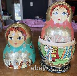Russian Matryoshka Nesting Dolls 10 piece set Museum Quality SIGNED Gold Trimmed
