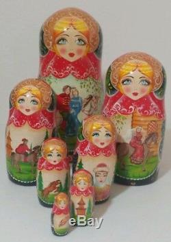Russian Matryoshka Nesting Dolls 7 PC Signed Medieval Times Lord Lady 9 Vintage