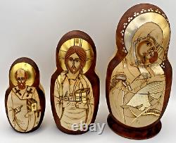 Russian Matryoshka Nesting Dolls 7pc Nativity Wood Burn & Gold Leaf Design