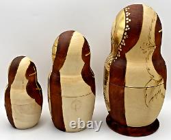 Russian Matryoshka Nesting Dolls 7pc Nativity Wood Burn & Gold Leaf Design