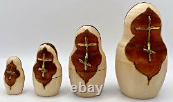 Russian Matryoshka Nesting Dolls 7pc Nativity Wood Burn & Gold Leaf Design