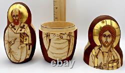 Russian Matryoshka Nesting Dolls 7pc Nativity Wood Burn & Gold Leaf Design