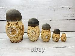 Russian Matryoshka Nesting Dolls Burned Wood/Gold/Silver Hand Painted 9 pc