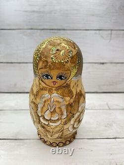 Russian Matryoshka Nesting Dolls Burned Wood/Gold/Silver Hand Painted 9 pc