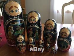 Russian Matryoshka Nesting Dolls Hand Carved 10Pc. Set Signed Fairy Tale Art