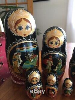 Russian Matryoshka Nesting Dolls Hand Carved 10Pc. Set Signed Fairy Tale Art