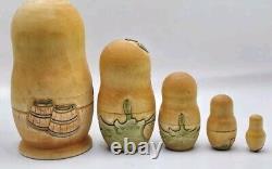 Russian Matryoshka Nesting Dolls Hand Carved Kolobok Fairytale 5pc Artist Signed