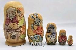 Russian Matryoshka Nesting Dolls Hand Carved Kolobok Fairytale 5pc Artist Signed