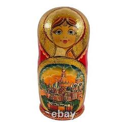 Russian Matryoshka Nesting Dolls Moscow Kremlin 10pc Set Hand Painted Red Gold