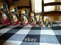 Russian Matryoshka Nesting Dolls SIGNED 7 pc Black Gold Crown Halo Handpainted