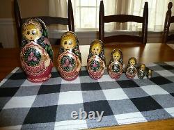 Russian Matryoshka Nesting Dolls SIGNED 7 pc Black Gold Crown Halo Handpainted