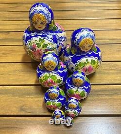 Russian Matryoshka Nesting Dolls Set 8 Hand Painted Wood 5 Wildflowers Signed