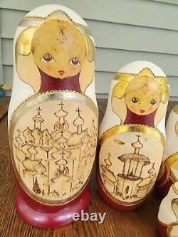 Russian Matryoshka Nesting Dolls Set Of 10 Dolls, Churches, Burned Design