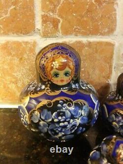 Russian Matryoshka Nesting Dolls Signed 10 Pieces 4 Blue Black Gold White #1