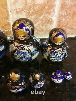 Russian Matryoshka Nesting Dolls Signed 10 Pieces 4 Blue Black Gold White #2