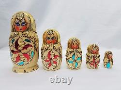 Russian Matryoshka Nesting Dolls Signed Burn Wood Gold 5 Piece Handpainted
