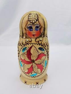 Russian Matryoshka Nesting Dolls Signed Burn Wood Gold 5 Piece Handpainted