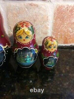 Russian Matryoshka Nesting Dolls Signed Winter Figures Scene 7 Pieces 7.5 Red