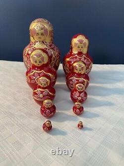 Russian Matryoshka Nesting Stacking Dolls Wood Signed Set of 10