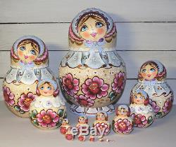 Russian Matryoshka Nesting dolls 15 piece wooden hand-painted Roses wood burned