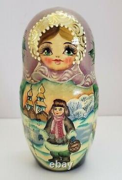 Russian Matryoshka Winter Nesting Dolls Wooden Hand Painted 7pc Mint Condition