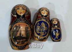Russian Matryoshka nesting dolls SIGNED 7 piece Burgundy Gold Various Buildings